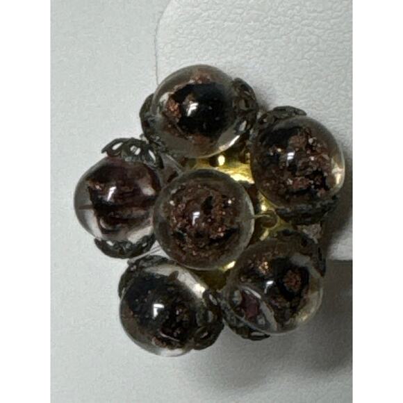 Vintage glass bead cluster clip earrings, brown marked made in Italy - Picture 7 of 12